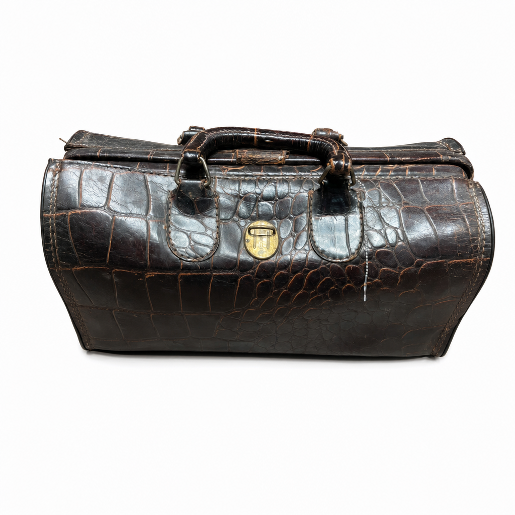 Vintage Faux Alligator Embossed Leather Gladstone Bag
