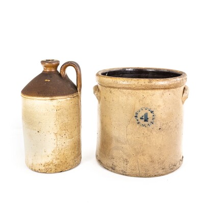 Stoneware 4-Gallon Crock & Whiskey Jug