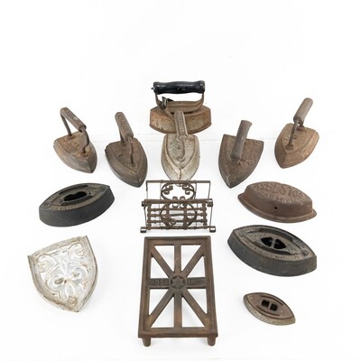 (10) Antique Cast Iron Sad Irons and Trivets