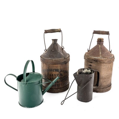 Antique Wood-Jacketed Tin Cans, Vintage Oil Can