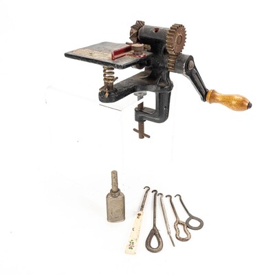 Vintage Cast Iron Pinking Machine, Button Hooks