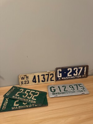 Wall-mounted assemblage of vintage license plates