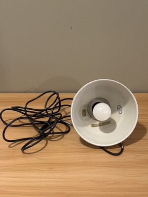 Simple utilitarian lamp resting on a wooden surface
