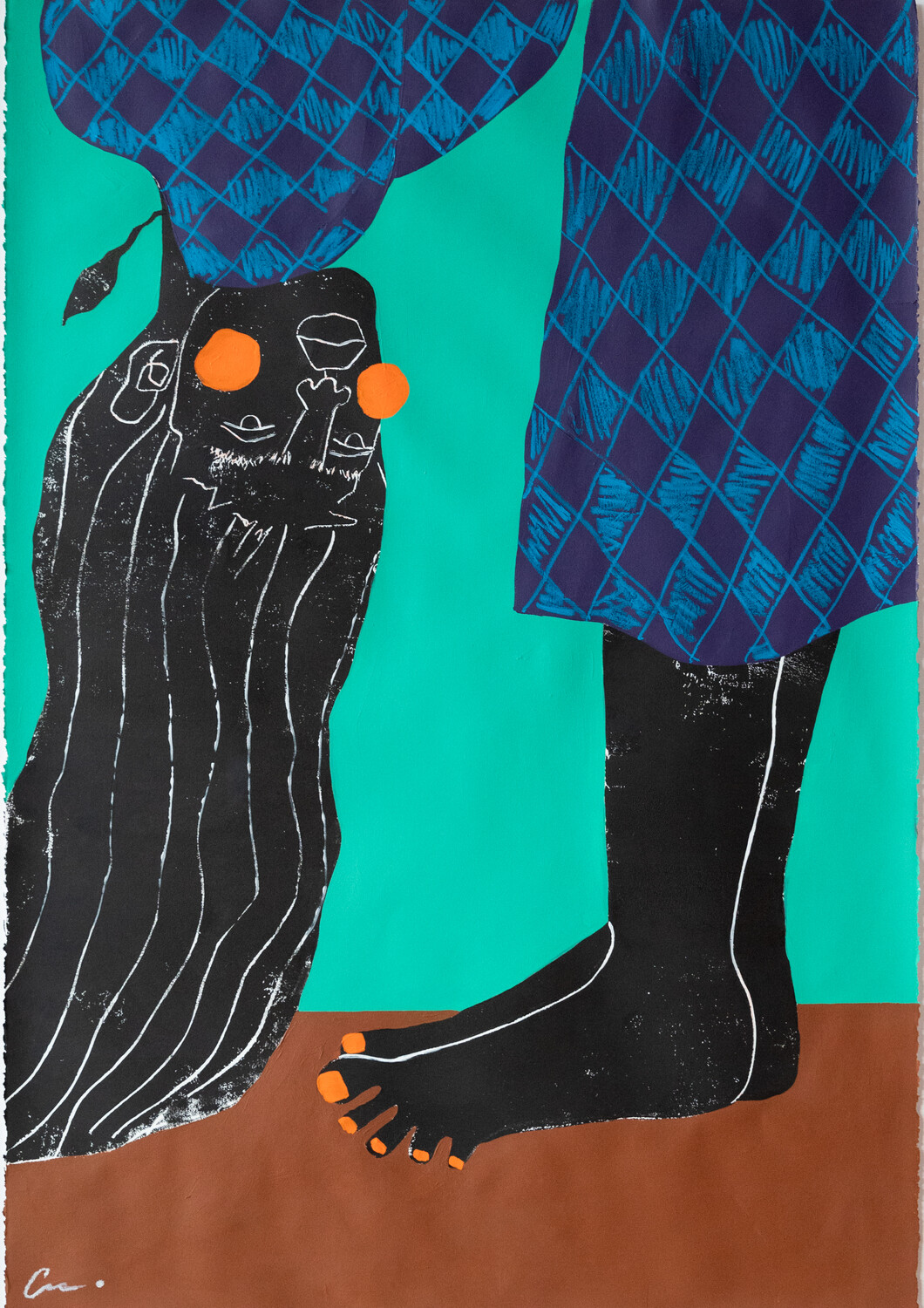 Cristina Martinez, Turn My World Upside Down, acrylic and relief ink on paper, 36 3⁄5 x 50 1⁄4 inches, 2024. PHOTO BY ROBERT WADE, COURTESY OF TASWIRA.