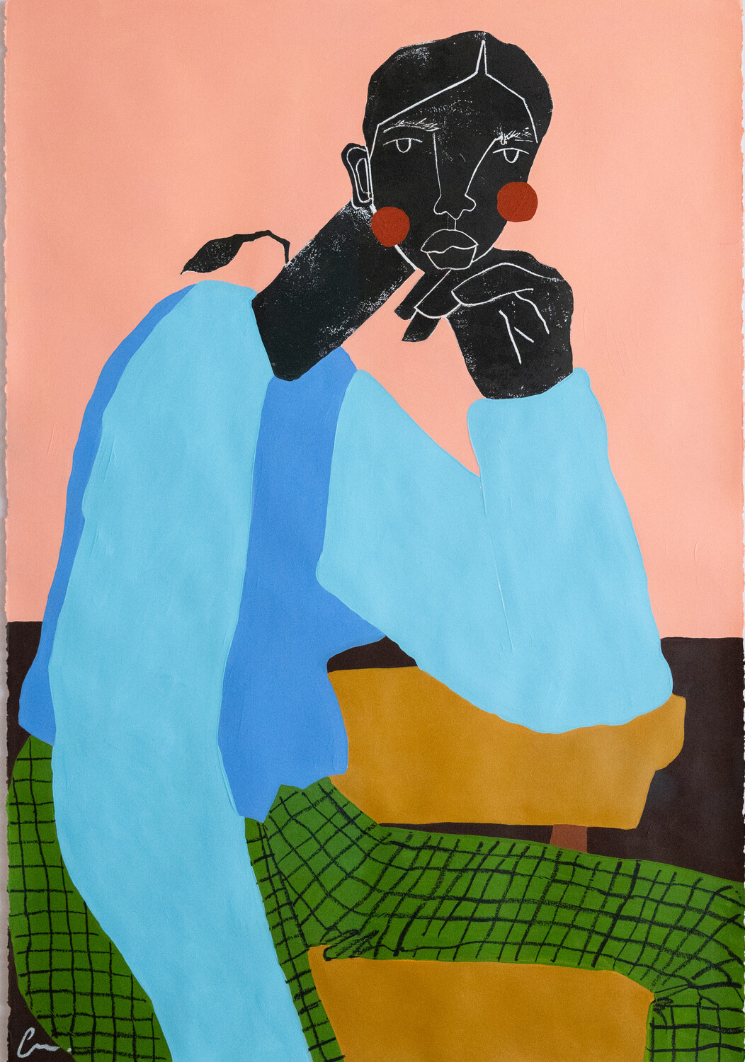 A Woman and Her Thoughts, acrylic and relief ink on paper, 36 3⁄5 x 50 1⁄4 inches, 2024. PHOTO BY ROBERT WADE, COURTESY OF TASWIRA.