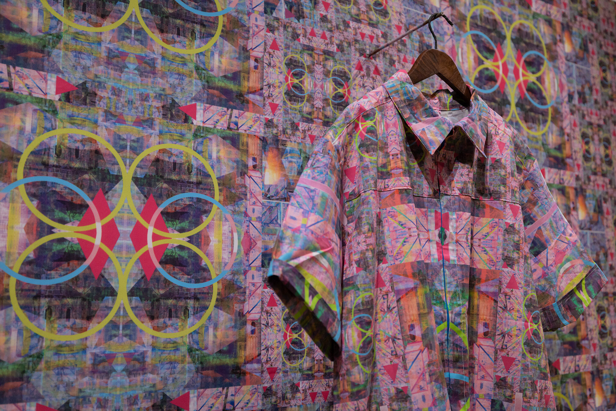 An inkjet printed garment from Vaughan’s 2022 installation, Safety in Numbers, on display at Hedreen. Similarly to Project 42 garments, the pattern of this dress was made through digital manipulation of Google Earth screenshots. IMAGE BY KELLY O.