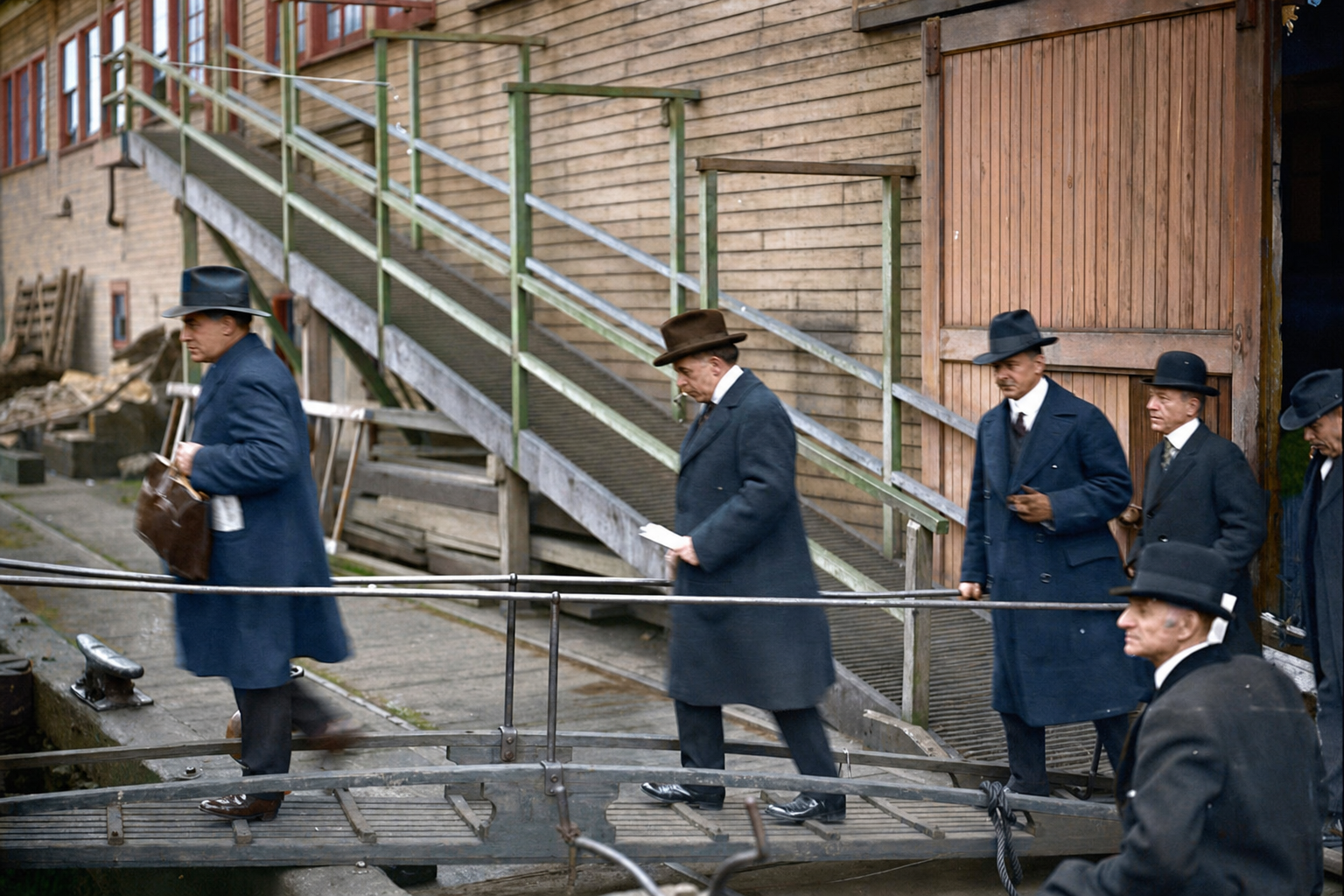 Men disembarking at a Seattle waterfront pier, c. 1920s