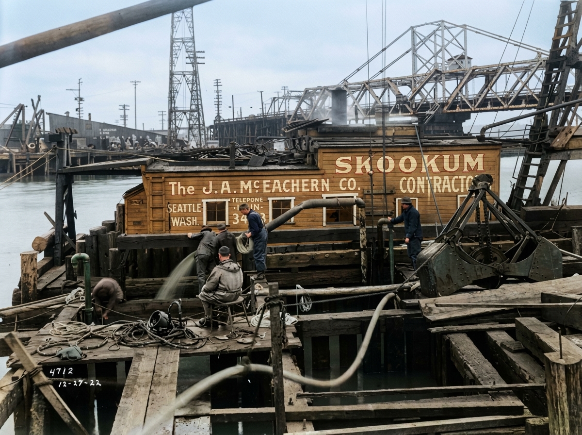 J. A. McEachern Co. construction barge, West Spokane Street Bridge, 1922
