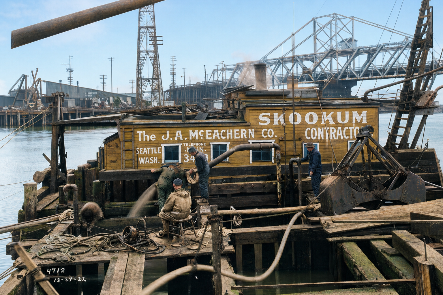 J. A. McEachern Co. construction barge, West Spokane Street Bridge, 1922