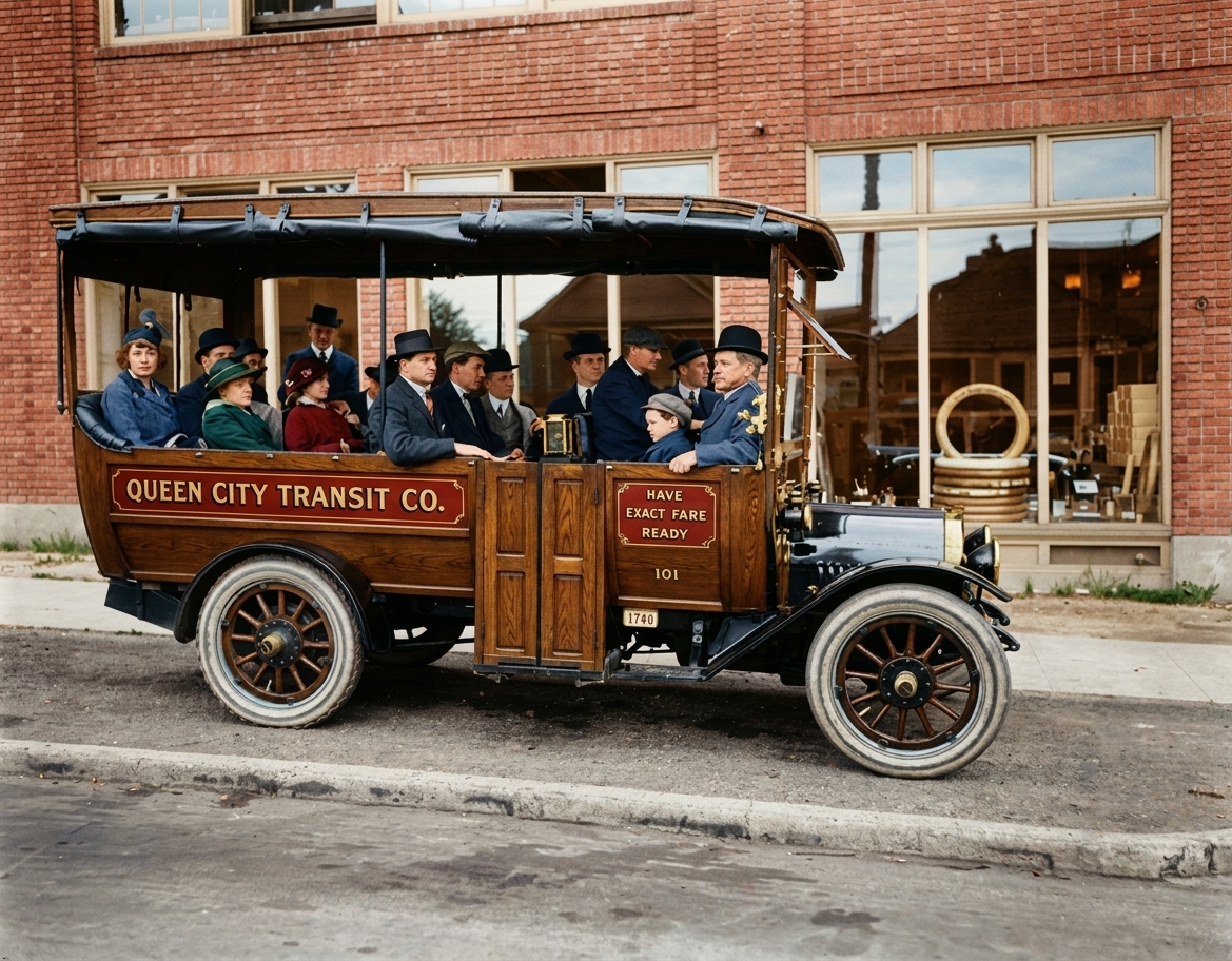 Queen City Transit Co. motor bus with passengers, c. 1915