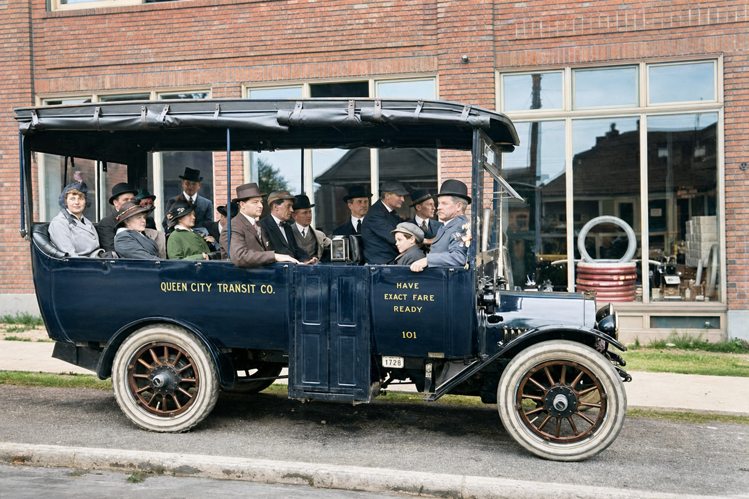 Queen City Transit Co. motor bus with passengers, c. 1915