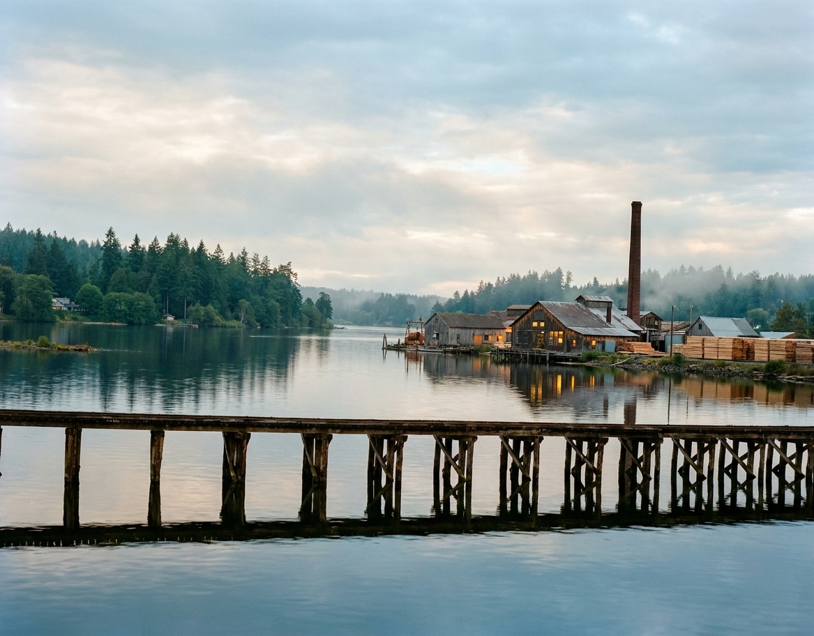 Northern Pacific railroad trestle and sawmill on Salmon Bay, Ballard, c. 1900