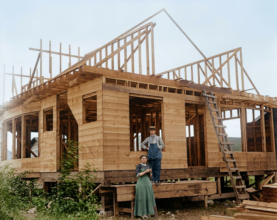 Moon house under construction, possibly Latona District, c. 1900
