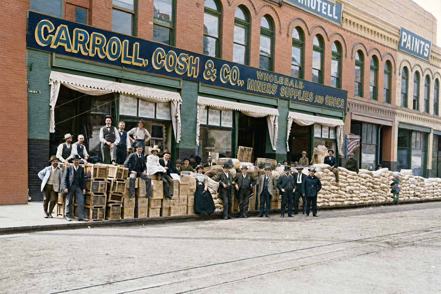 Carroll, Cosh & Co. Miners' Outfitters storefront, c. 1898
