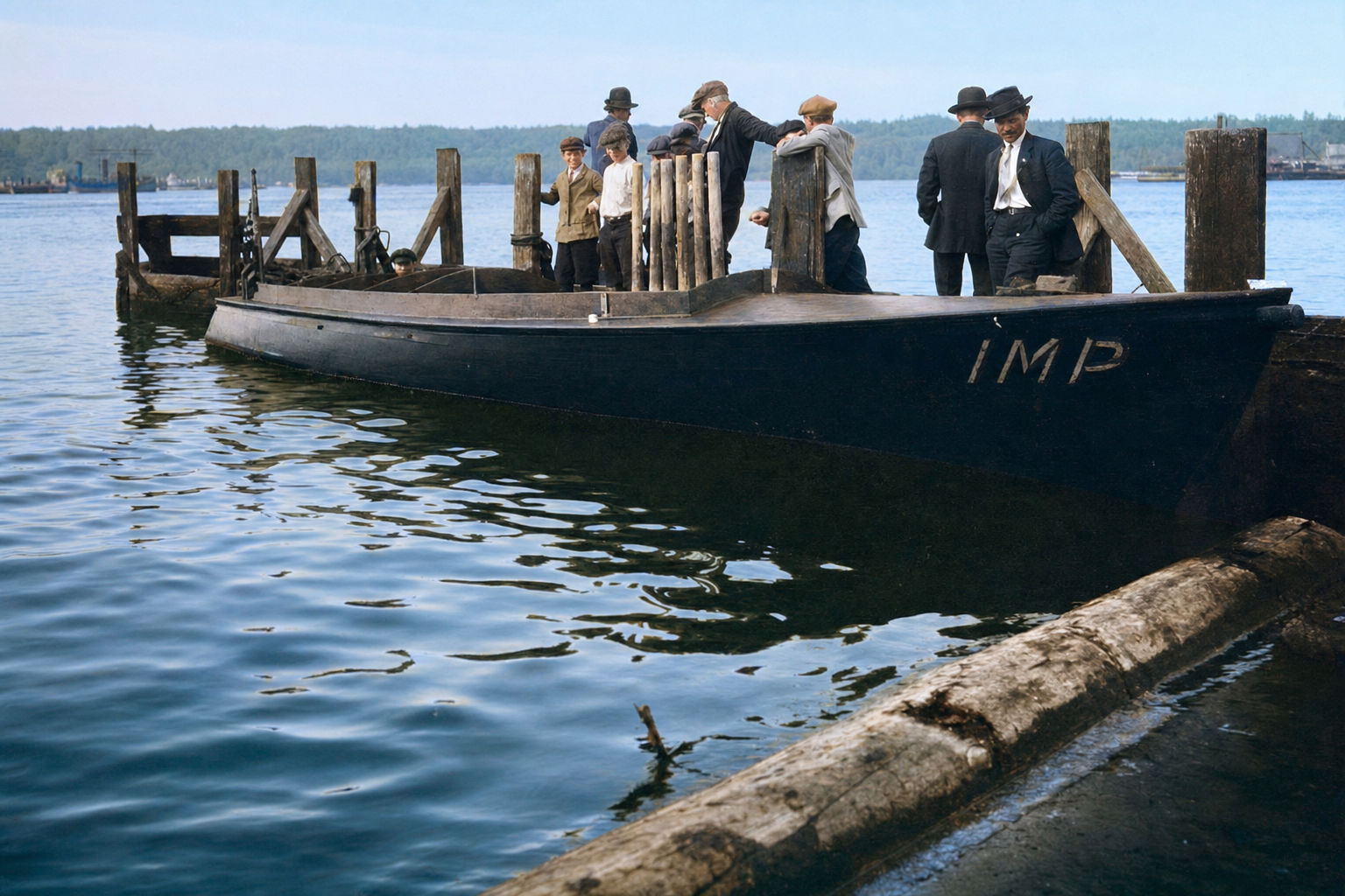 Passengers aboard the motorboat 'Imp' at a Seattle dock, c. 1910