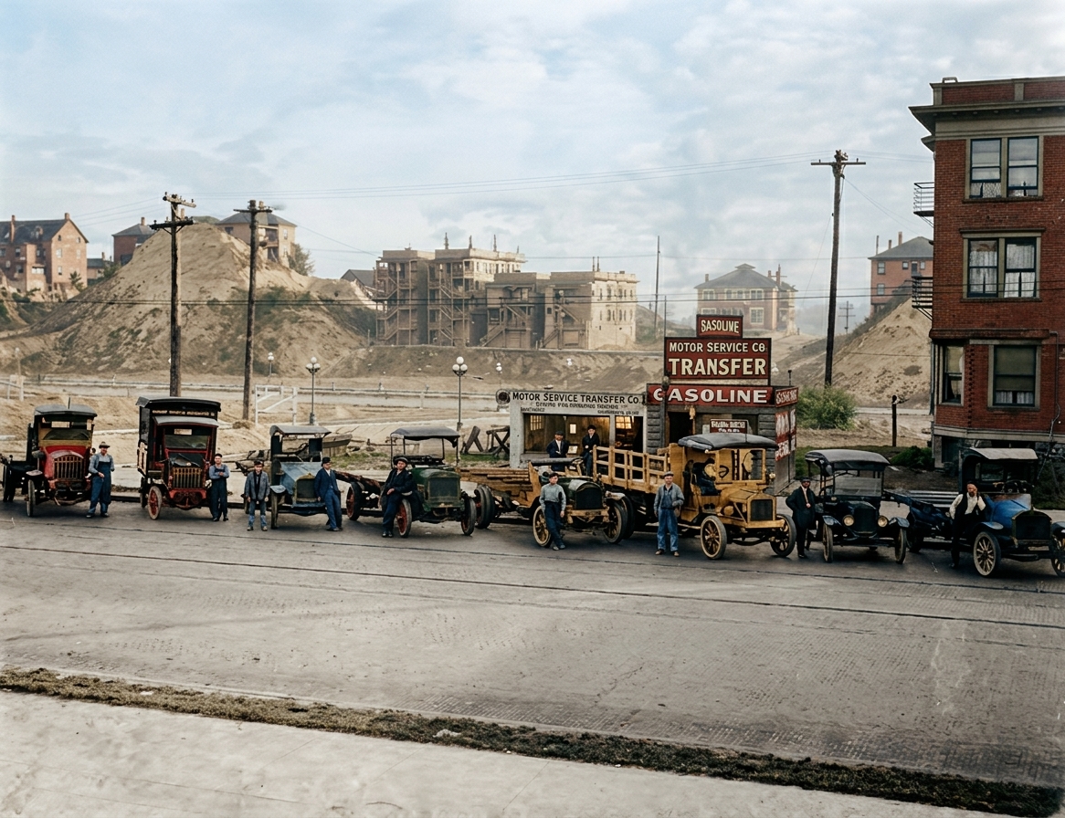 Motor Service Transfer Co. fleet during the Denny Regrade, c. 1910