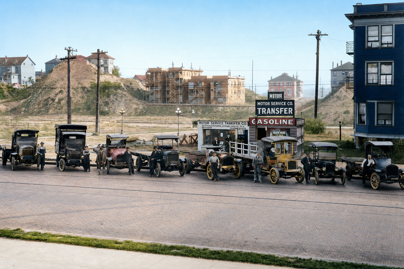 Motor Service Transfer Co. fleet during the Denny Regrade, c. 1910