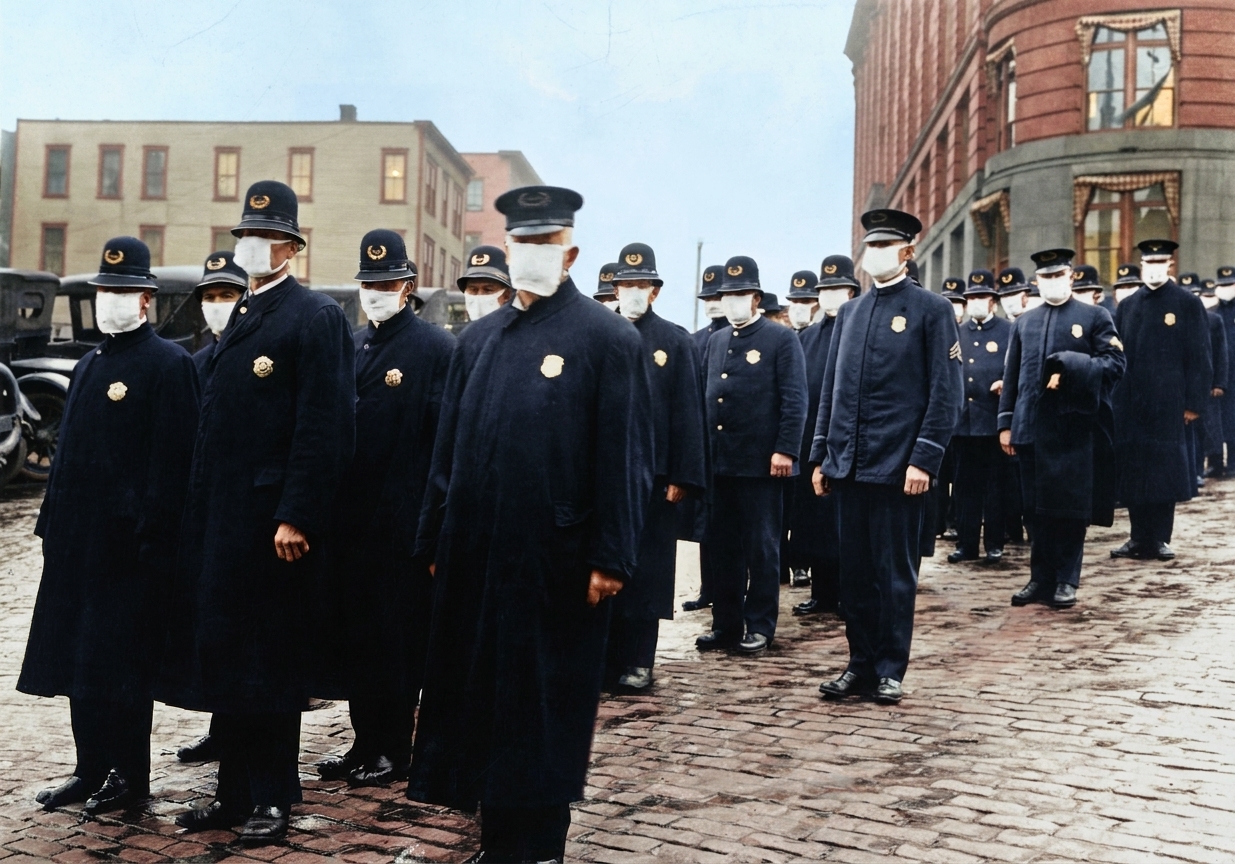 Seattle police officers in flu masks, December 1918