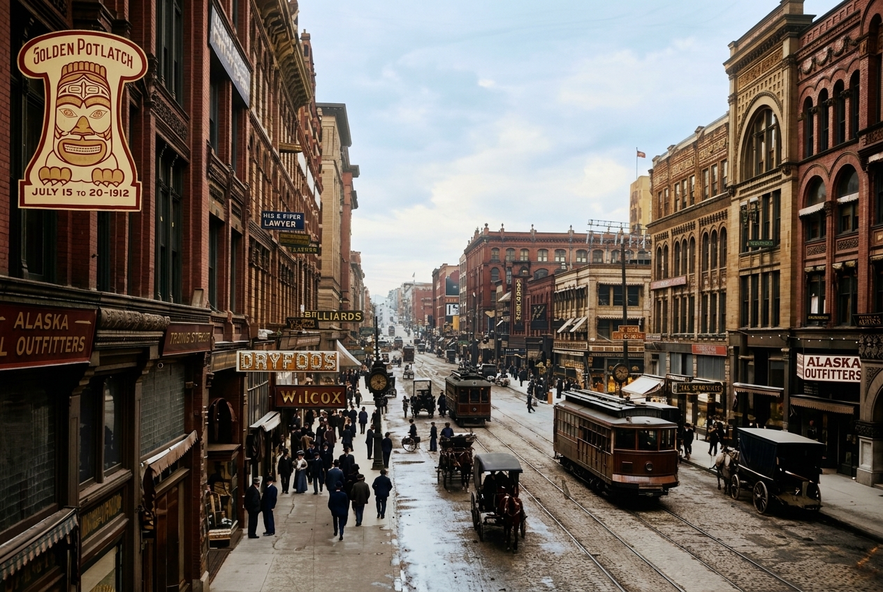 First Avenue with Golden Potlatch emblem, 1912