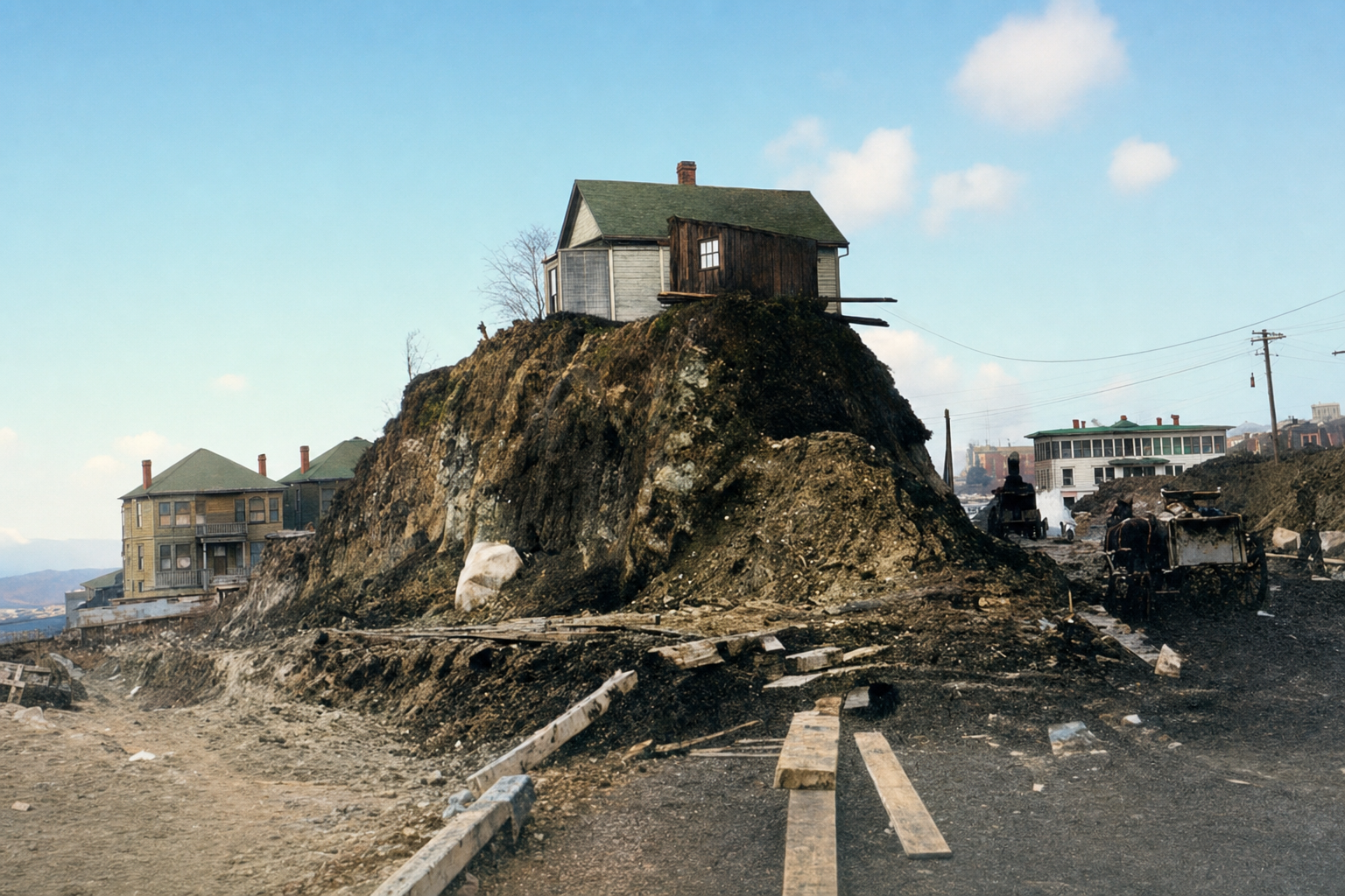 House left stranded by regrade, Melrose and Minor near Pike Street, 1909