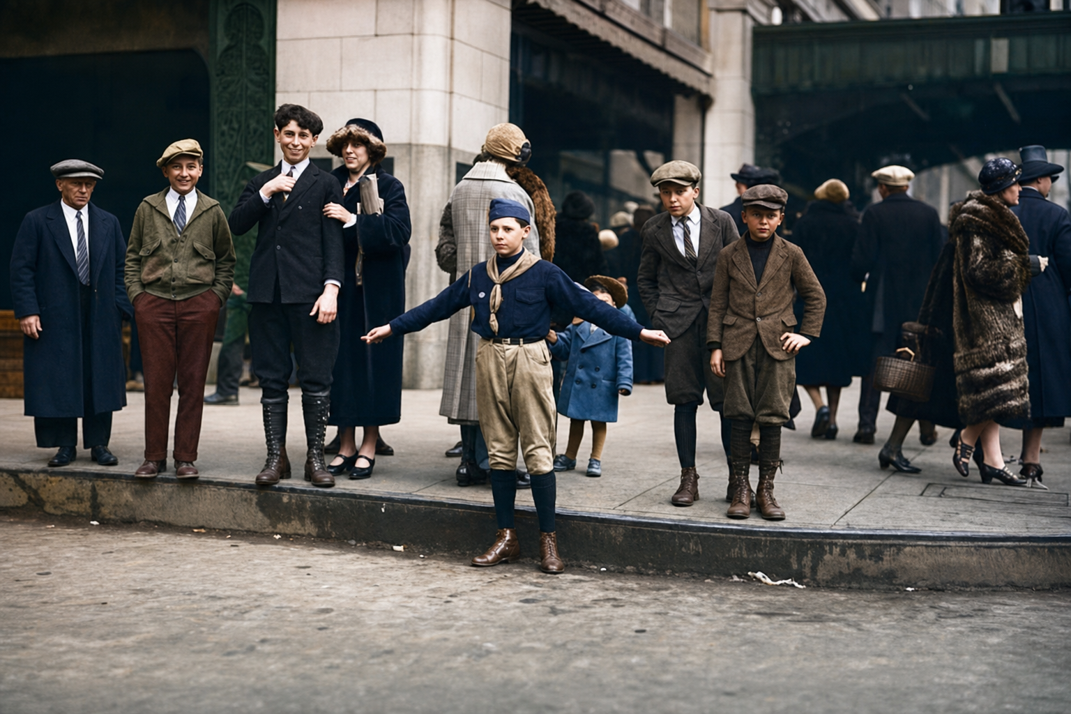 Boy Scout directing pedestrian traffic downtown, c. 1920s