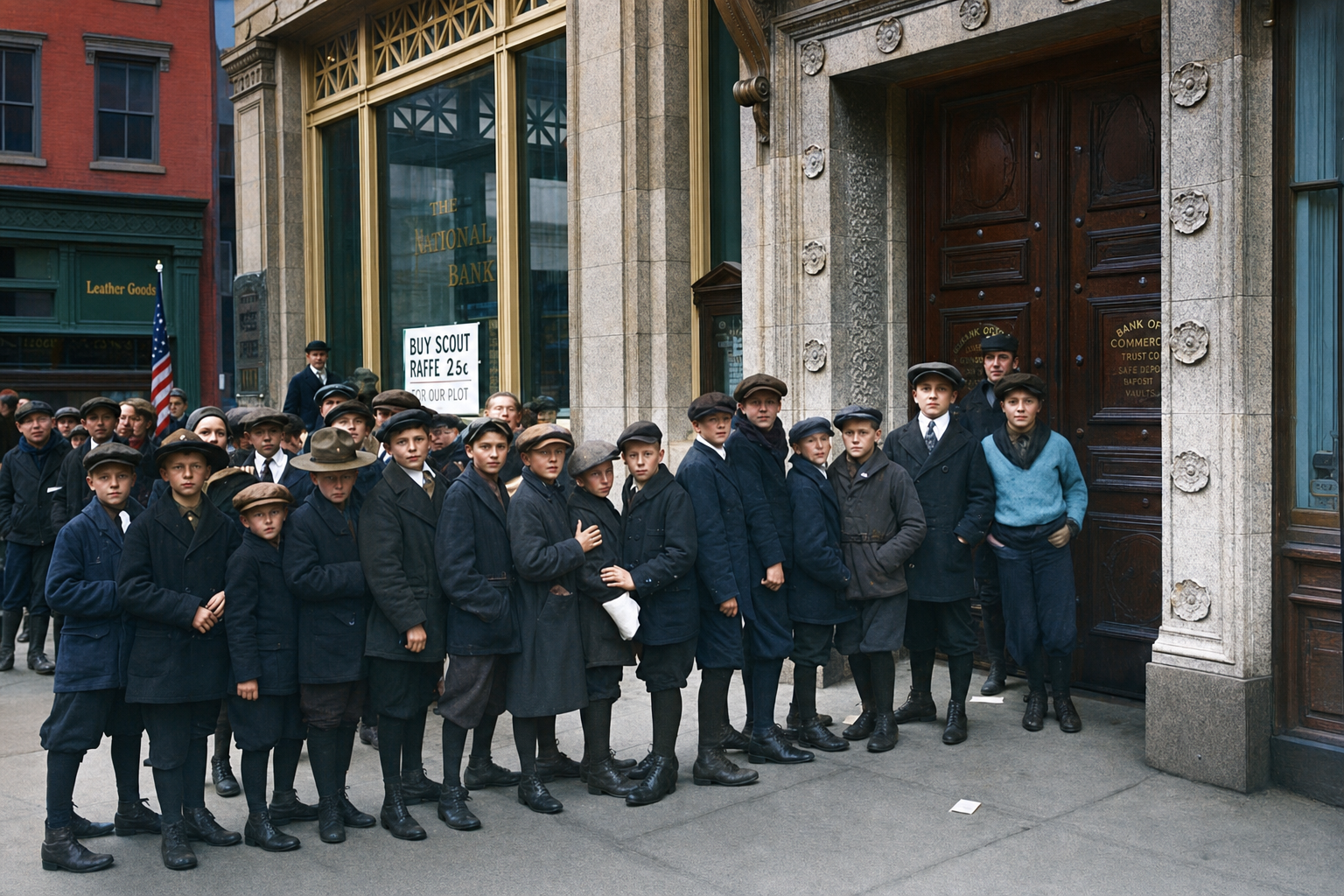 Boy Scouts gathered outside Washington Mutual Savings Bank, c. 1921