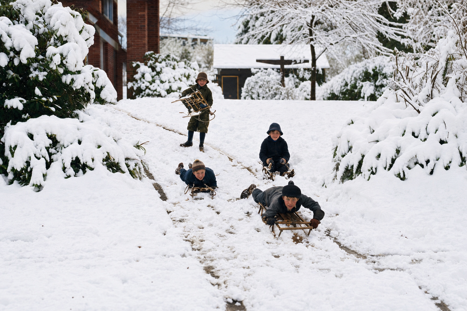 Children sledding after a snowstorm, c. 1920