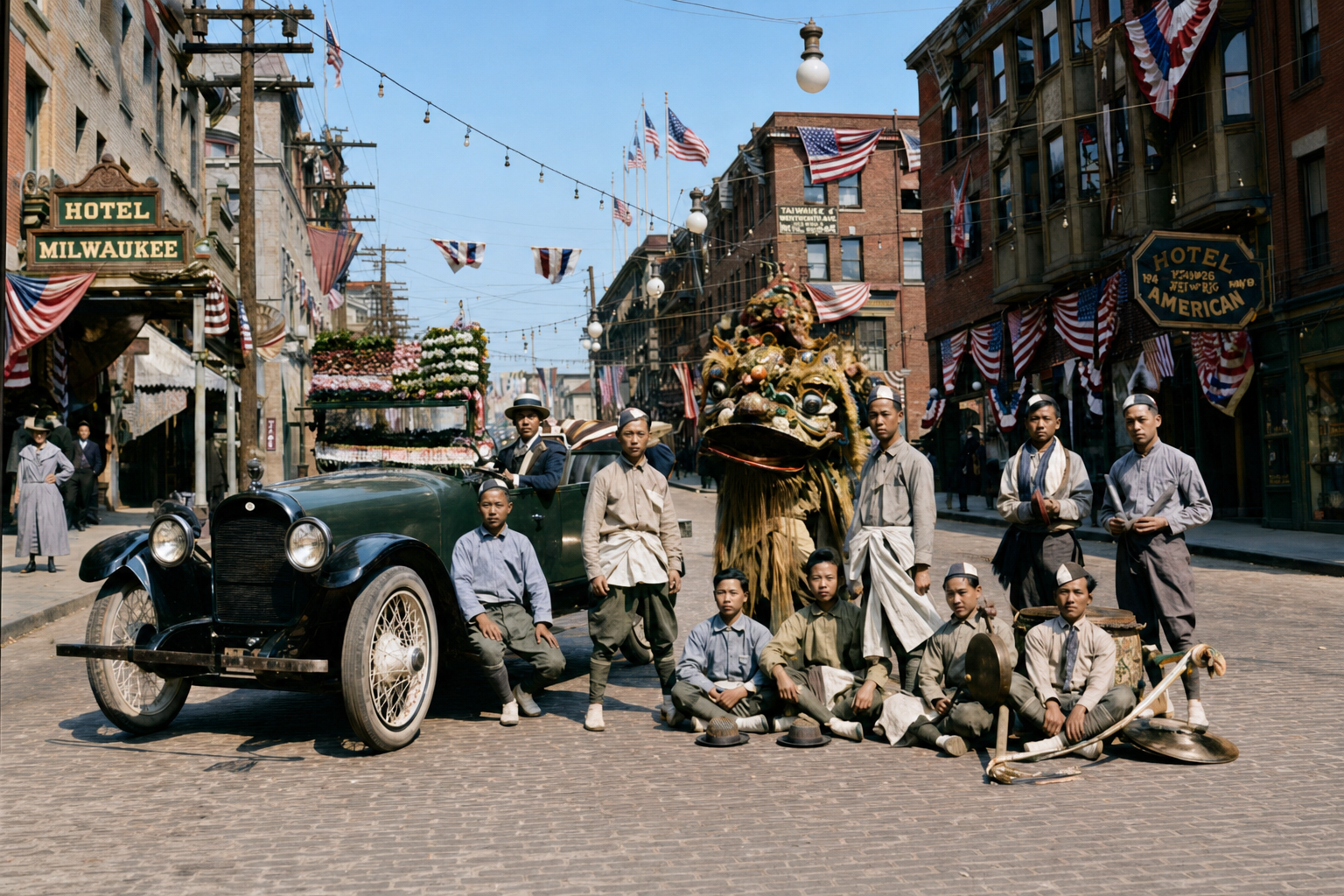 Go-Hing carnival lion dance troupe on King Street, 1921