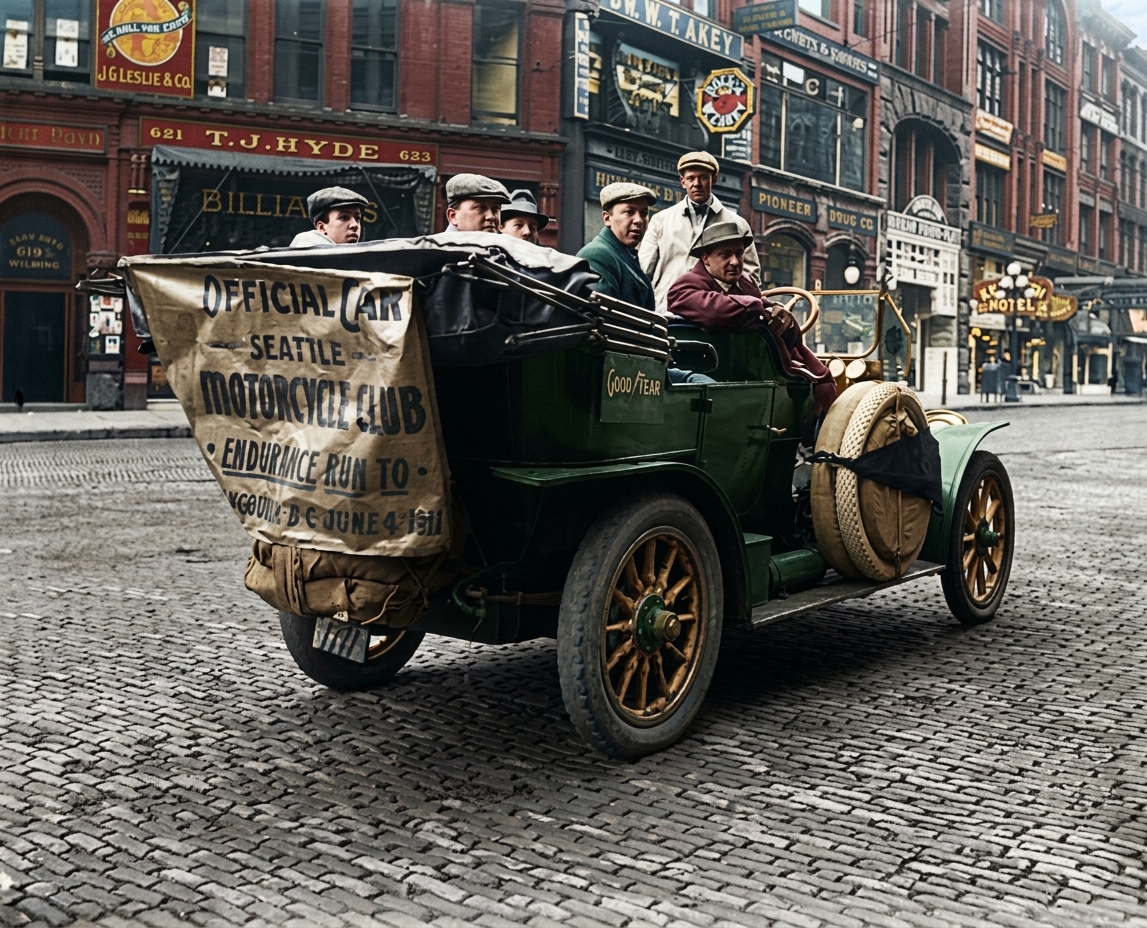 Seattle Motorcycle Club official car, Pioneer Square, 1911