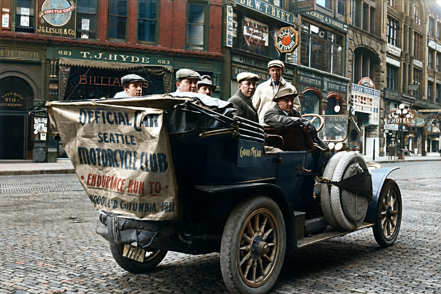 Seattle Motorcycle Club official car, Pioneer Square, 1911