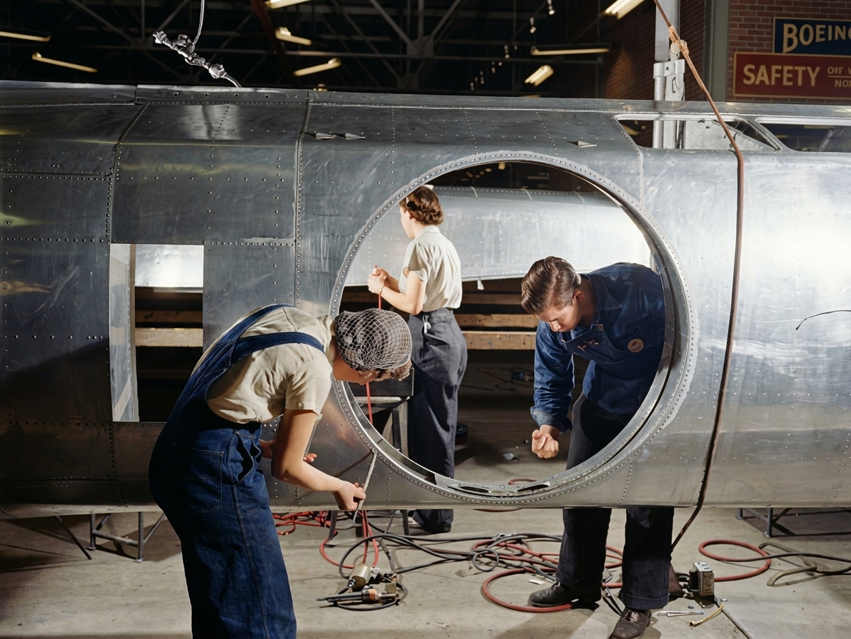 Working Inside a B-17F Fuselage at Boeing
