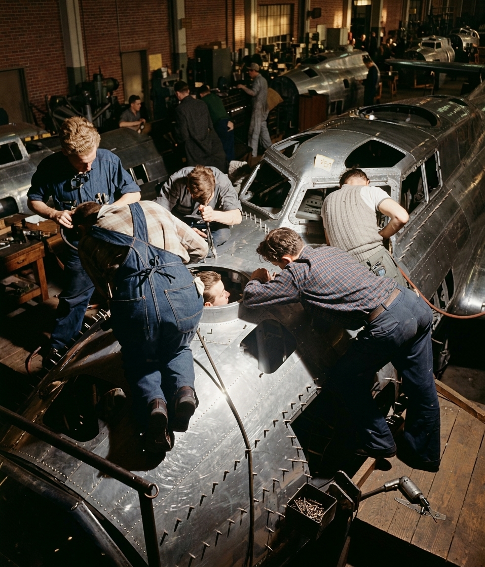 Skinning a B-17 Fuselage at Boeing