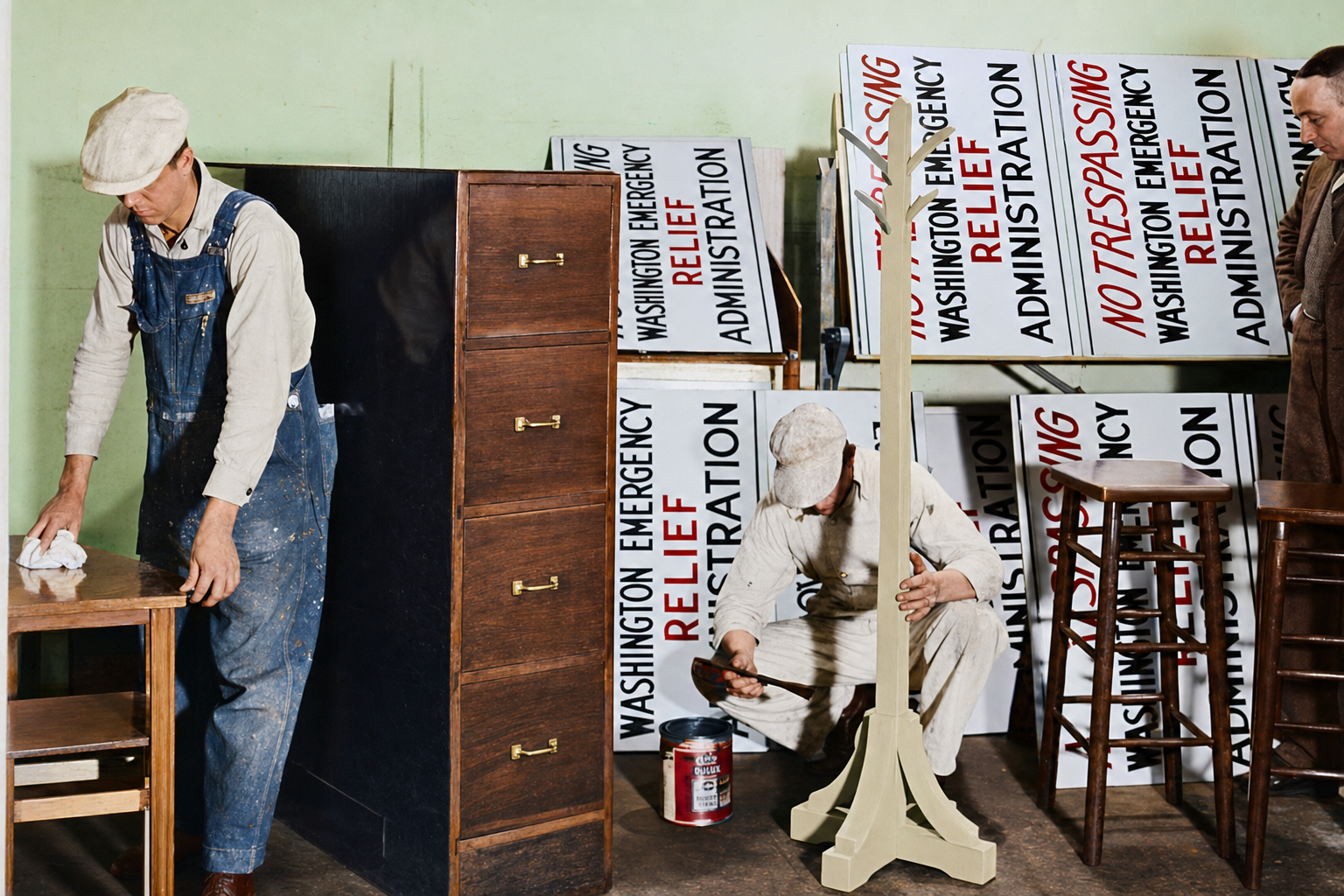 WERA paint shop workers lettering signs, Seattle, 1934