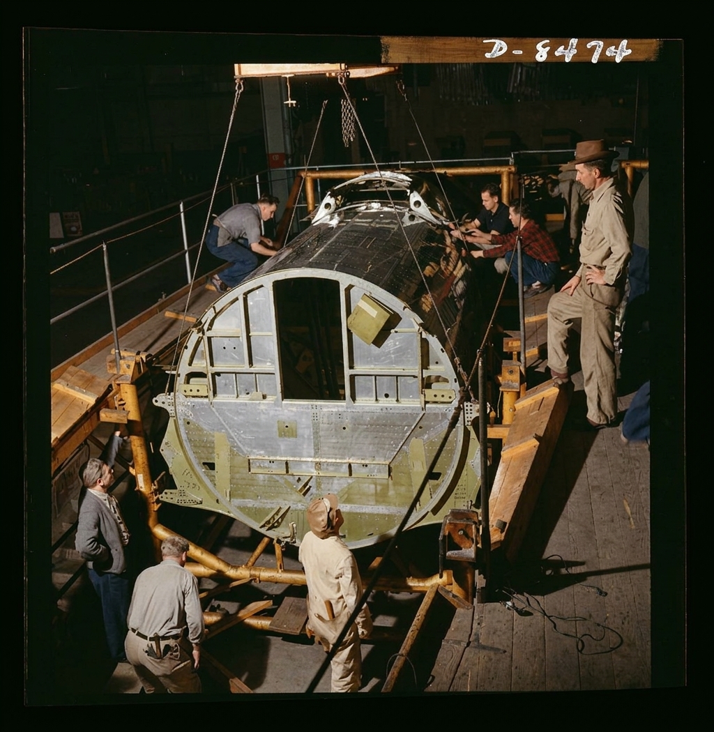 B-17F Fuselage Hoisted at Boeing Plant