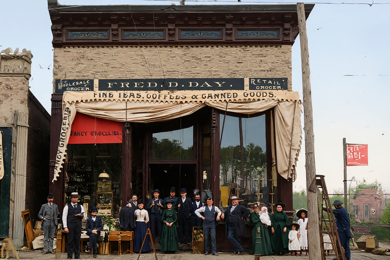 Fred D. Day grocery storefront with staff and patrons, c. 1890s