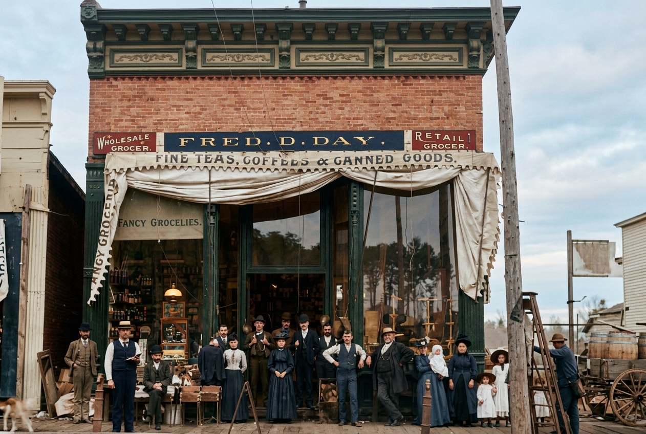 Fred D. Day grocery storefront with staff and patrons, c. 1890s