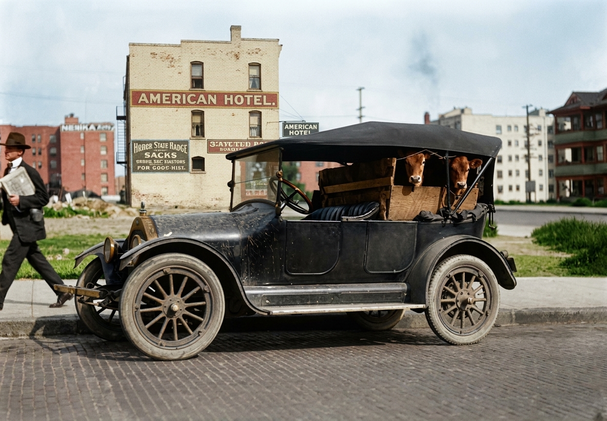 Touring car with cows in back seat, Seattle, c. 1915