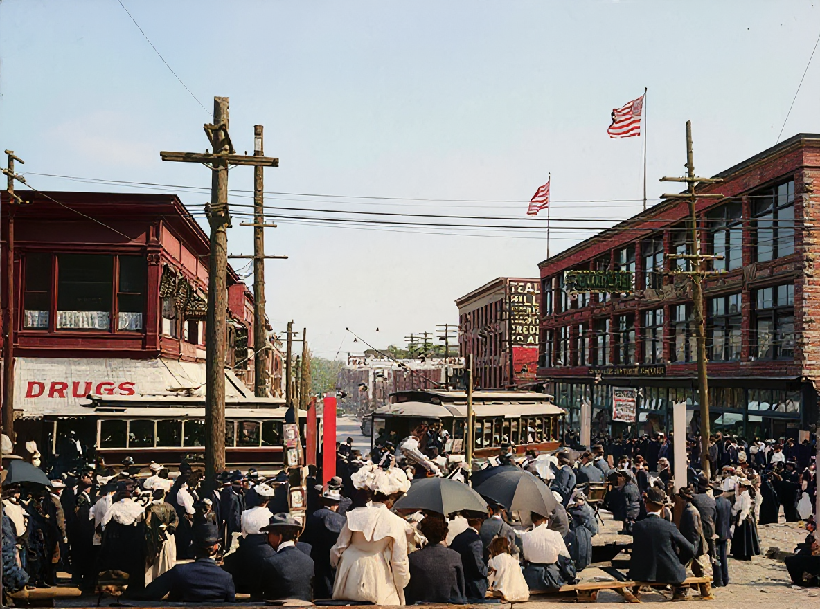Crowd and band at Second Avenue and Pike near the Bon Marché, c. 1905