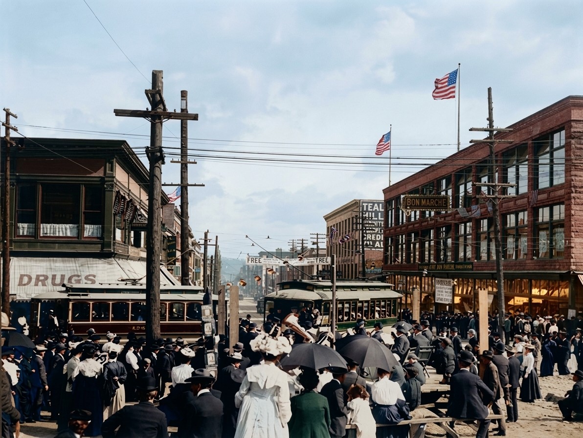 Crowd and band at Second Avenue and Pike near the Bon Marché, c. 1905