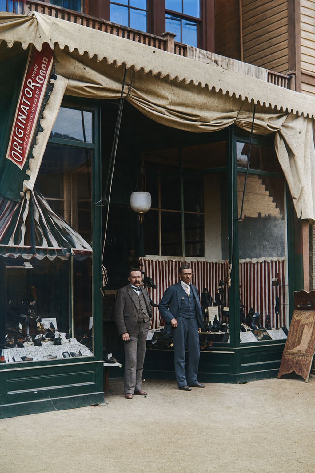 John W. Nordstrom and Carl Wallin outside Wallin & Nordstrom, c. 1901