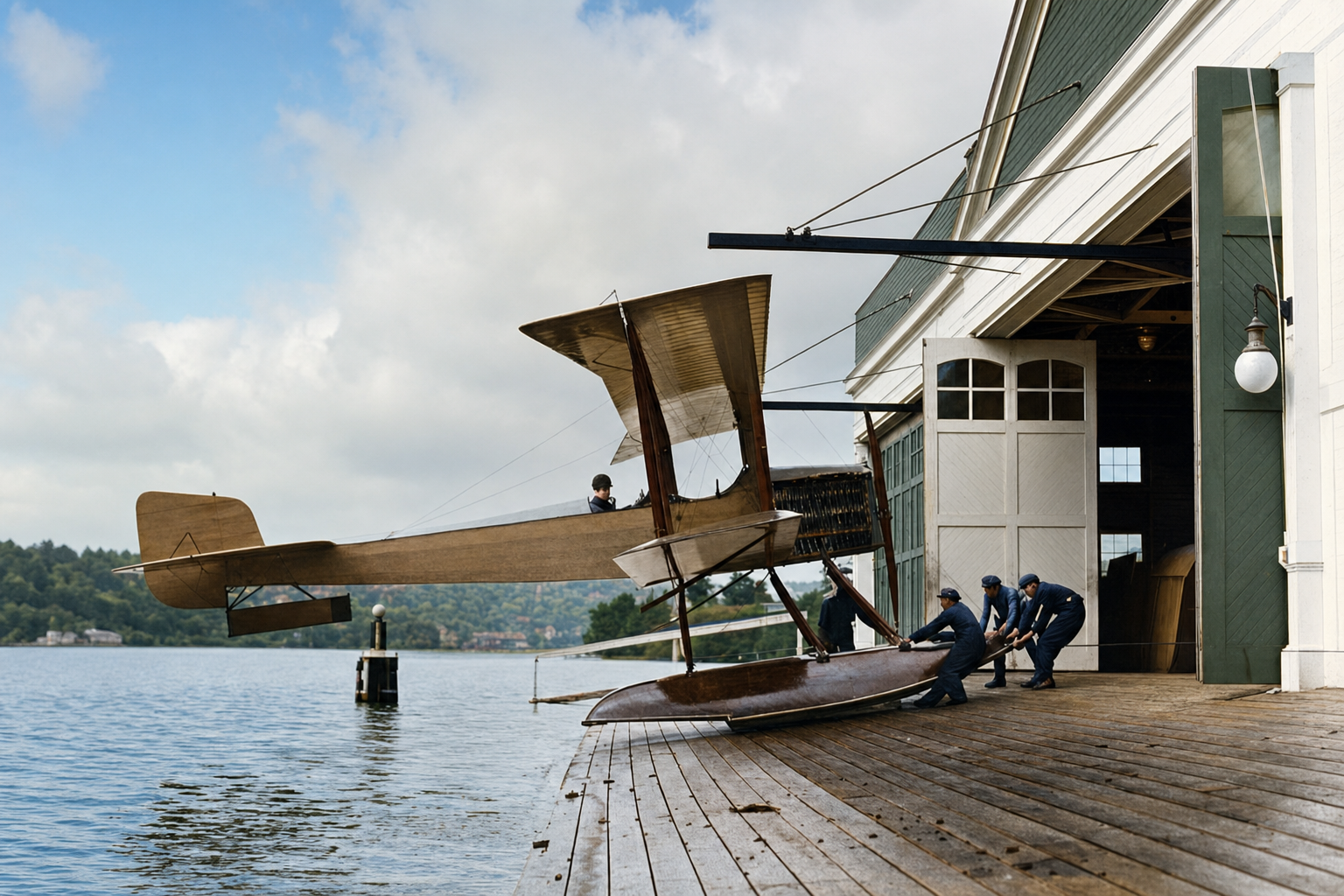 Boeing's first airplane, the B&W, at the Lake Union hangar, 1916