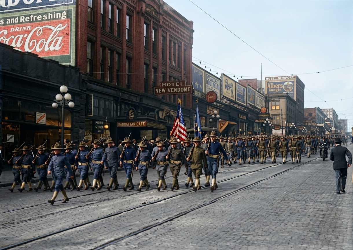 Parade on First Avenue past the Hotel New Vendome (full original width)