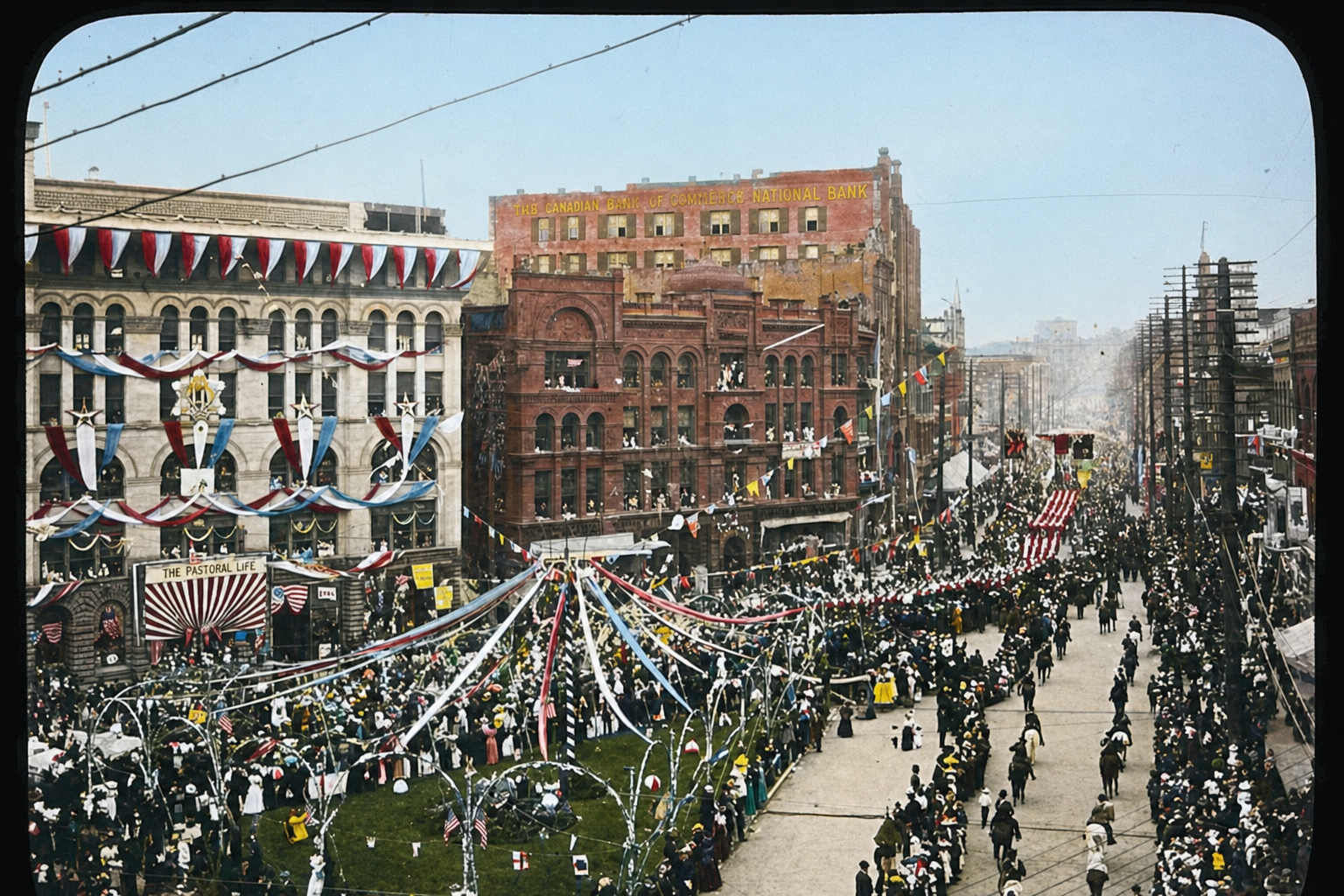 Pioneer Square decorated for Independence Day parade, c. 1898