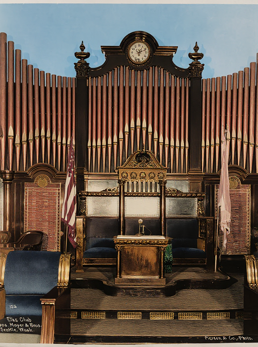 Elks Club pipe organ and lodge dais, c. 1914