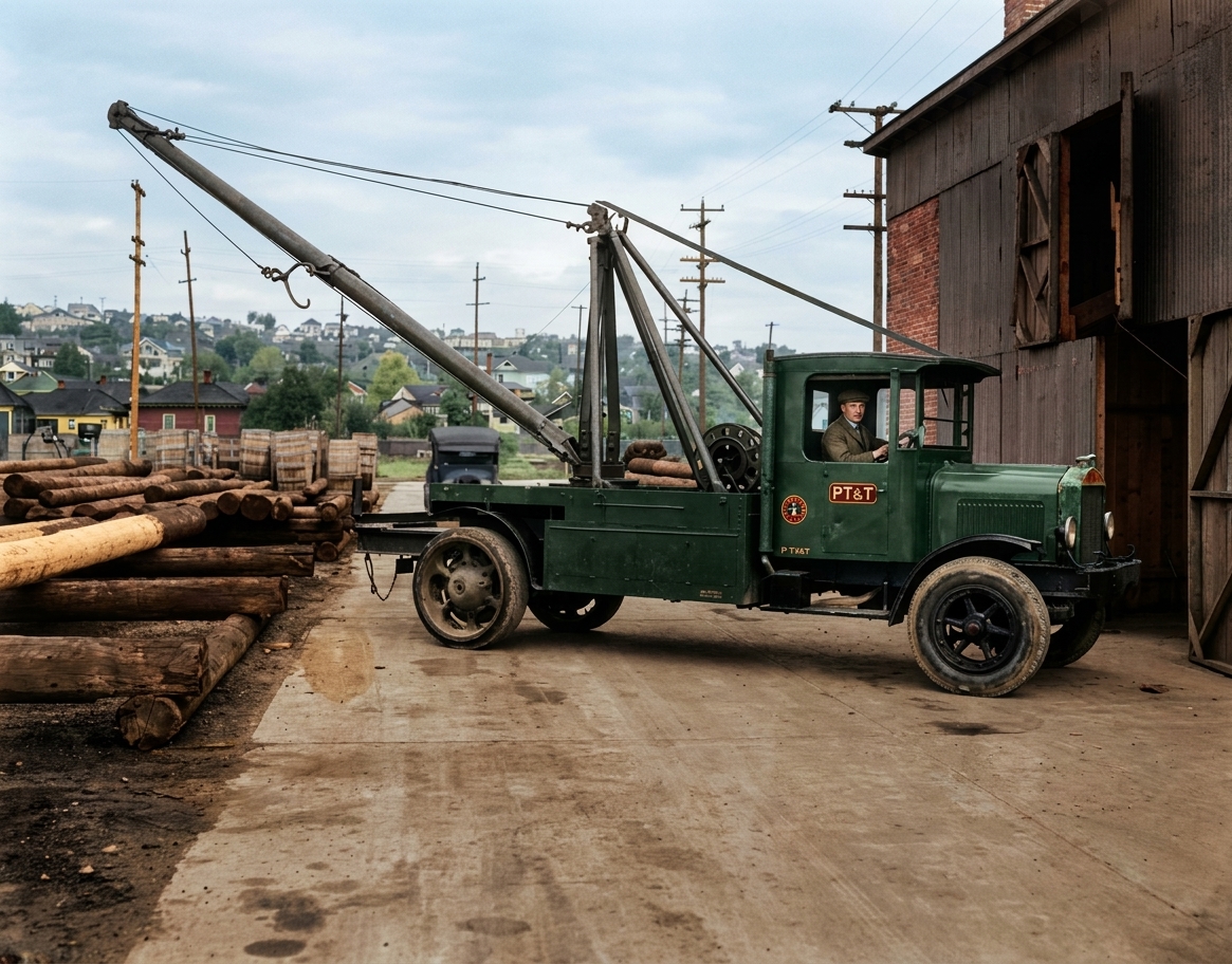 PT&T boom derrick truck with utility poles, c. 1925