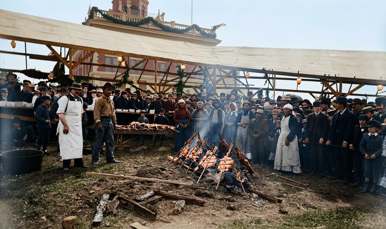 Salmon bake celebrating completion of the Northern Pacific Railroad, 1883