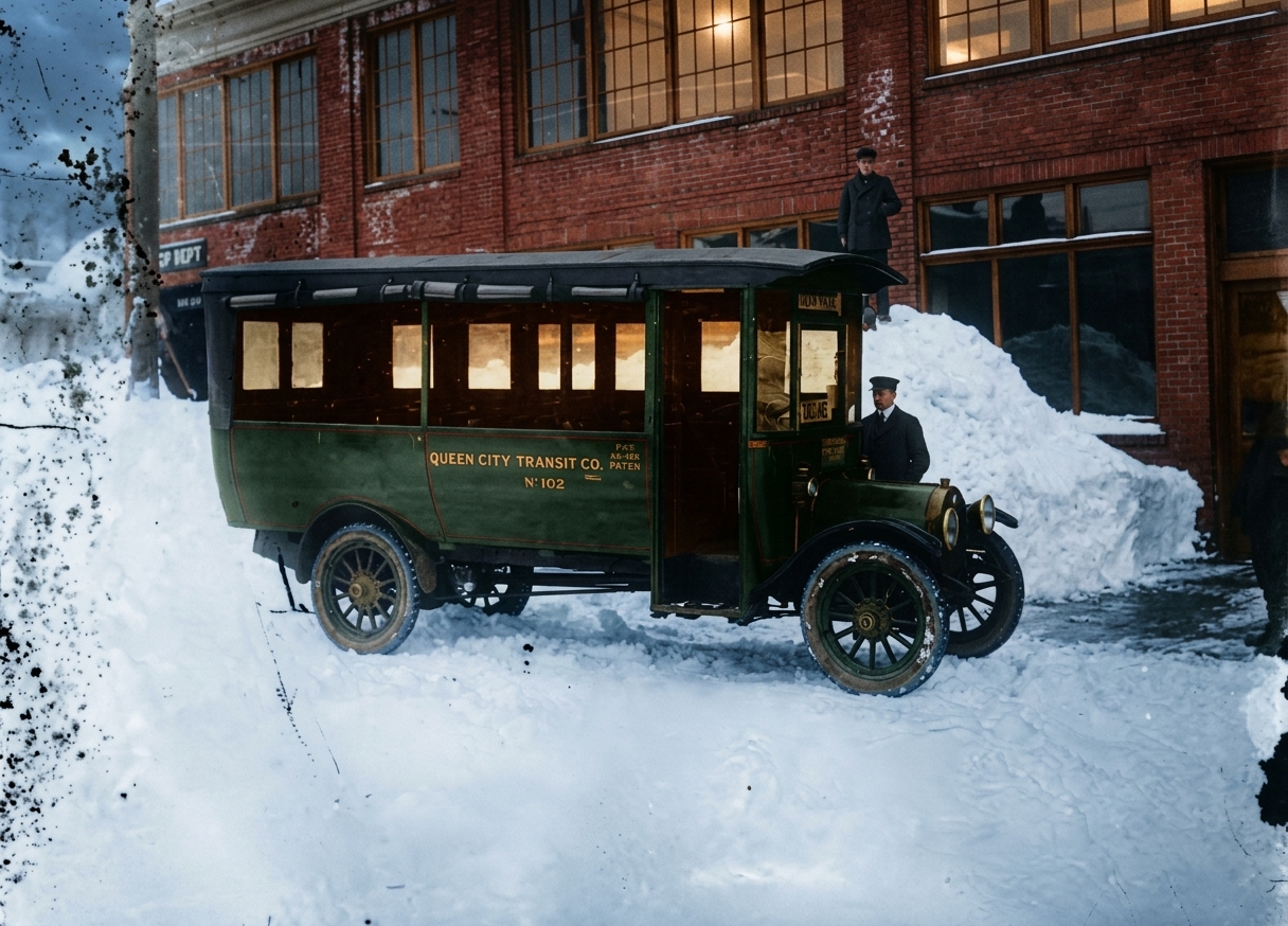 Queen City Transit Co. bus No. 102 in the snow, c. 1916