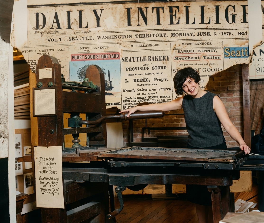 Ramage printing press of the Seattle Daily Intelligencer on display, c. 1925