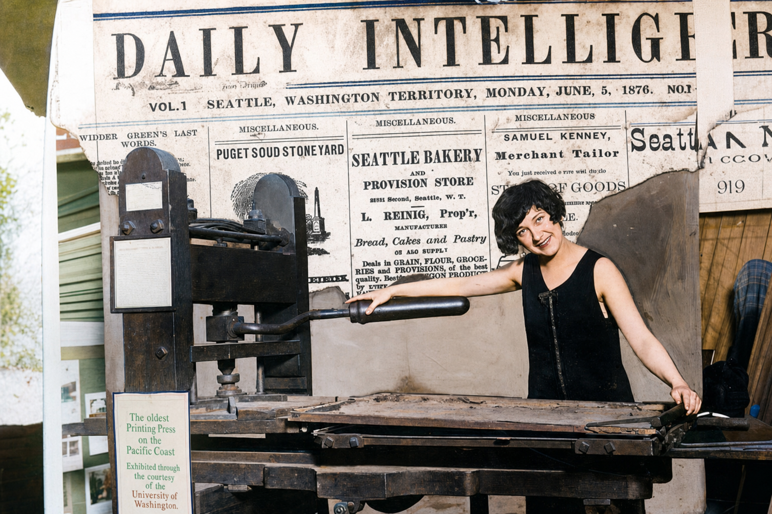 Ramage printing press of the Seattle Daily Intelligencer on display, c. 1925