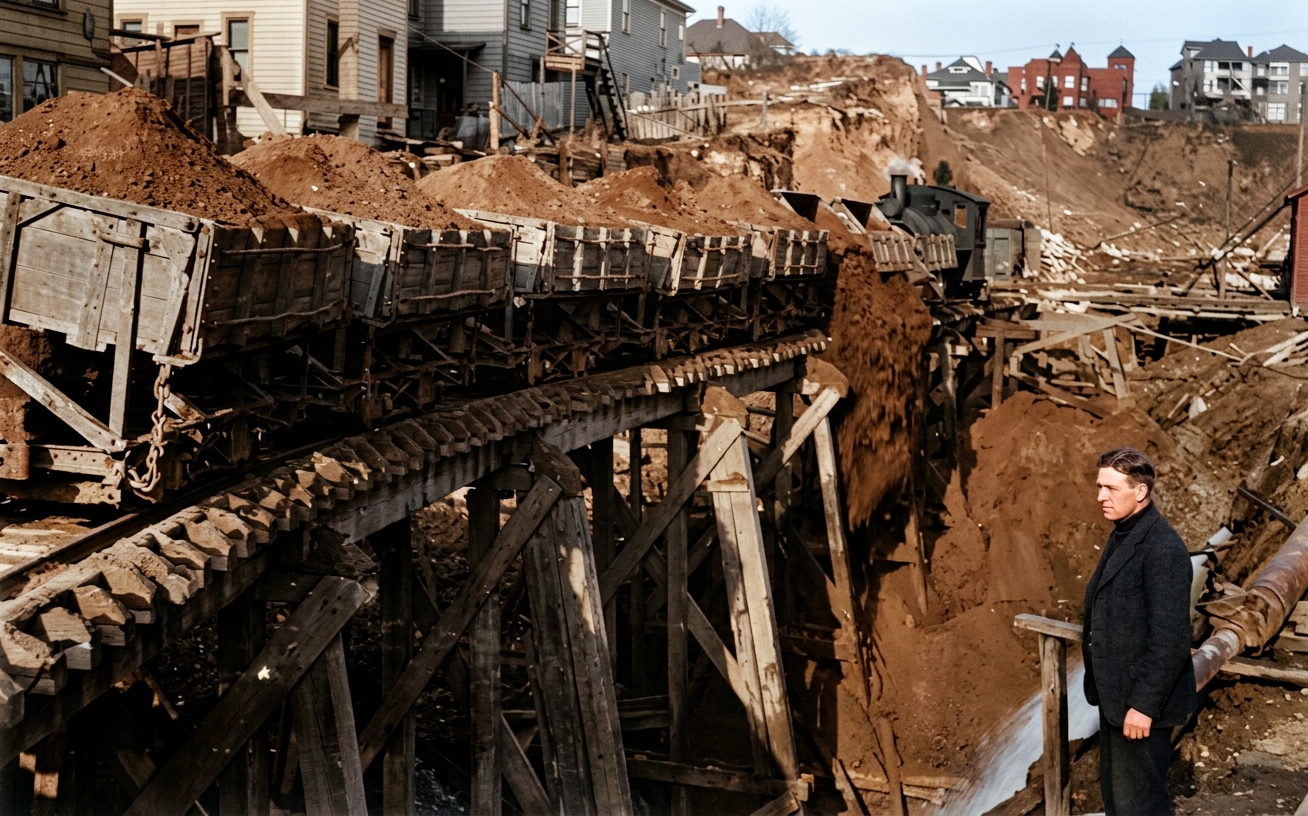 Dumping of the cars, Third Avenue regrade, 1909